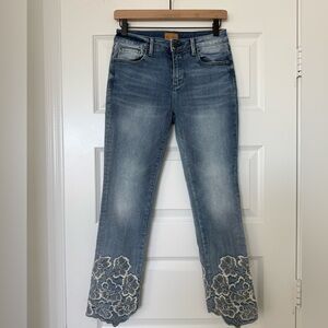 Driftwood Colette floral embroidered straight leg mid rise crop jeans size 26